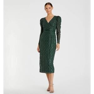 MAC DUGGAL Dress Size 6 NEW Green Lace Sequin Beaded Midi Evening Gown